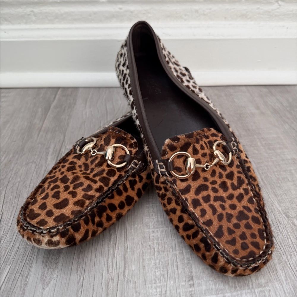 Gucci Brown Leopard Print ponyhair Flats with Gold horsebit